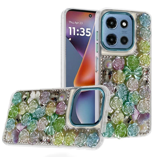 For Moto G 5G 2025/2026 - G Play 2026 - Muti-Color Rose Bling Stones Ornaments Case - Green