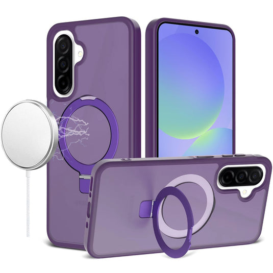 For Samsung Galaxy A37 Magnetic Matching Ring Stand Full Rotation Matte Hybrid - Dark Purple