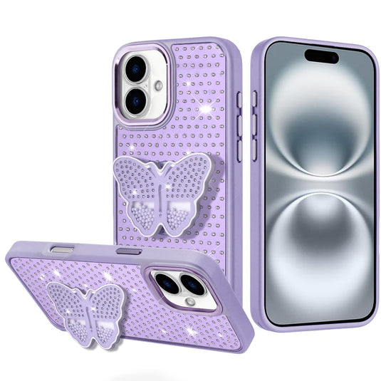 For iPhone 16 6.1 inch Butterfly Moveable Grip Stand With Small Diamonds Meta Buttons HQ Hybrid - Purple