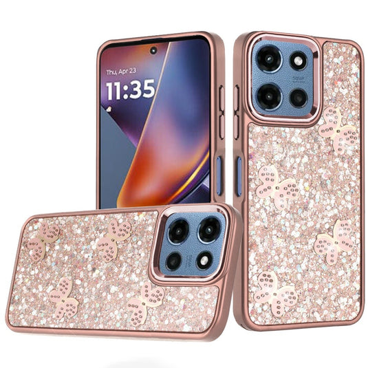 For Moto G 5G 2025/2026 - G Play 2026 - Cute Butterfly Ornaments Diamonds Shimmer Matching Metallic HQ Hybrid - Rose Gold