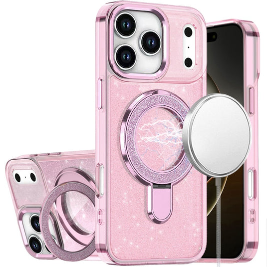 For iPhone 17 Pro Transparent Glitter Rotaional Magnetic Ring Stand HQ Hybrid - Light Pink