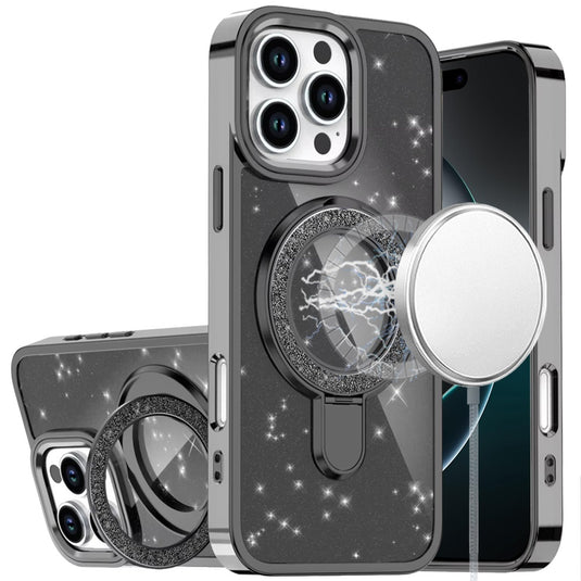 For iPhone 16 Pro Max 6.9 Transparent Glitter Rotaional Magnetic Ring Stand HQ Hybrid - Black