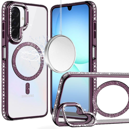 For Samsung A17 5G Luxury Diamond Edged Magnetic Glitter Circle Hybrid with Camera Stand - Dark Purple