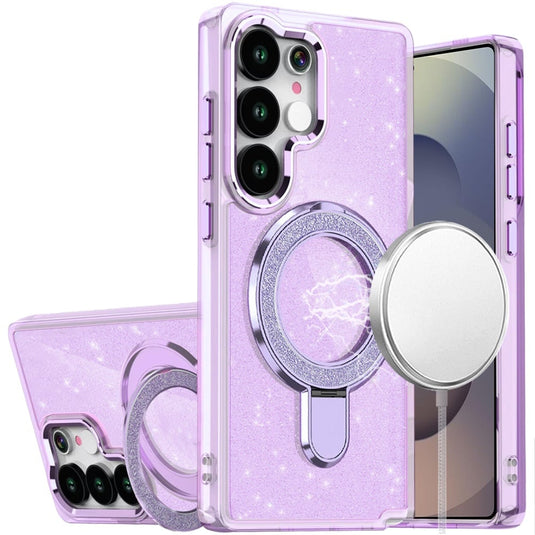 For Samsung s26 Ultra Transparent Glitter Rotaional Magnetic Ring Stand HQ Hybrid - Light Purple