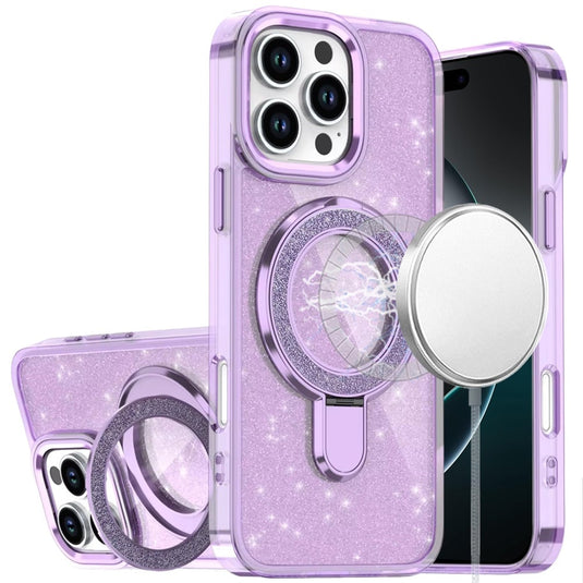 For iPhone 16 Pro Max 6.9 Transparent Glitter Rotaional Magnetic Ring Stand HQ Hybrid - Light Purple