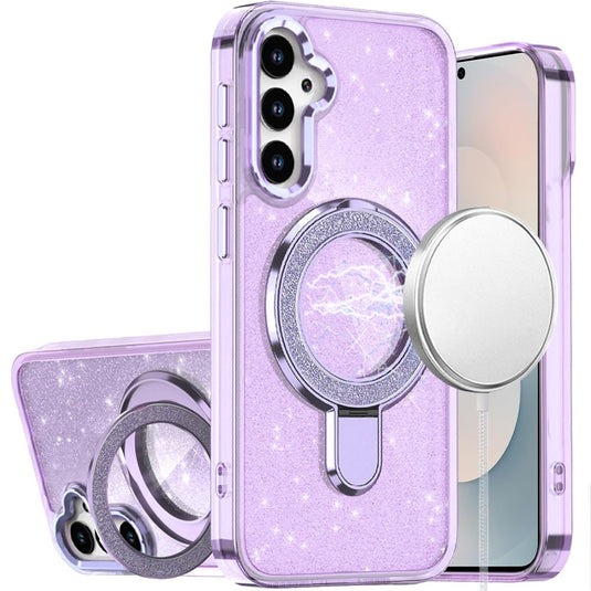For Samsung s26 Transparent Glitter Rotaional Magnetic Ring Stand HQ Hybrid - Light Purple