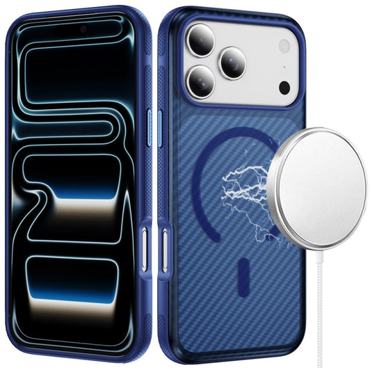 For iPhone 17 Pro Max Thick Carbon Design Magnetic Hybrid with Metallic Buttons Case - Blue
