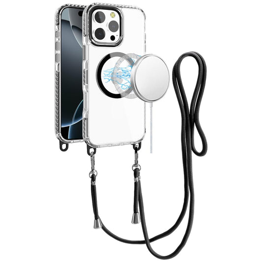 For iPhone 16 Pro Max 6.9 inch Transparent HQ Clear Line Design Edged Hybrid [Magnetic Circle] with Matching Lanyard - Black
