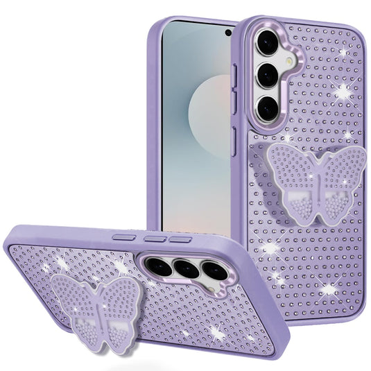 For Samsung s25 FE Butterfly Moveable Grip Stand With Small Diamonds Meta Buttons HQ Hybrid - Purple