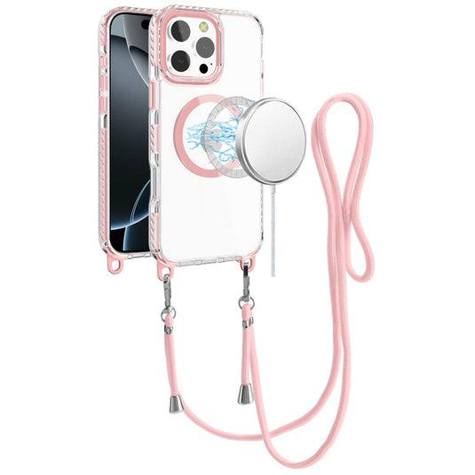 For iPhone 16 Pro Max 6.9 inch Transparent HQ Clear Line Design Edged Hybrid [Magnetic Circle] with Matching Lanyard - Light Pink