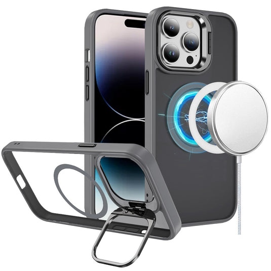 For iP15 Pro Max Fearless Tough HQ Metallic Hybrid with Camera Ring Stand [Magnetic Circle] Case - Gray