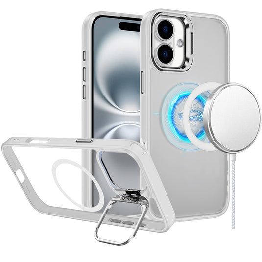 For iPhone 16 6.1 inch Fearless Tough HQ Metallic Hybrid with Camera Ring Stand [Magnetic Circle] Case - Clear