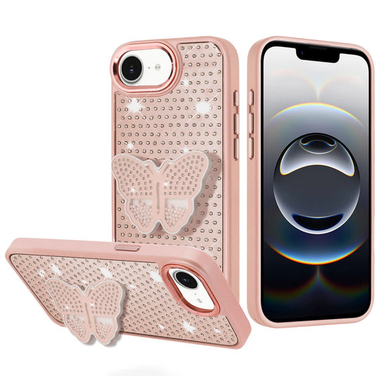 For iPhone 17E / 16E / SE4 Butterfly Moveable Grip Stand With Small Diamonds Meta Buttons HQ Hybrid - Rose Gold