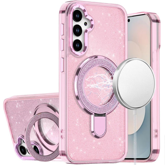 For Samsung s26 Transparent Glitter Rotaional Magnetic Ring Stand HQ Hybrid - Light Pink
