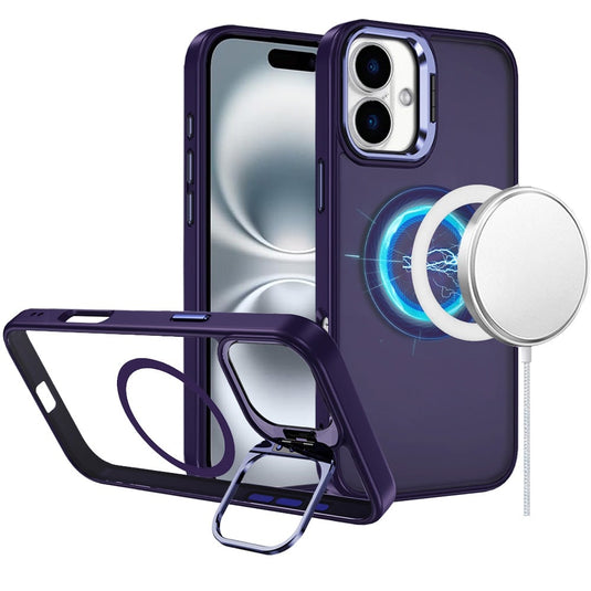 For iPhone 16 6.1 inch Fearless Tough HQ Metallic Hybrid with Camera Ring Stand [Magnetic Circle] Case - Dark Purple