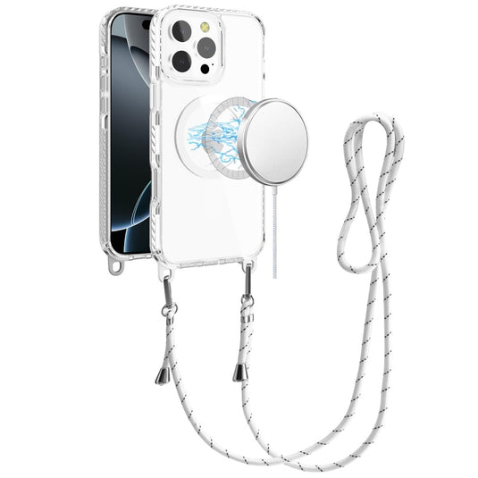 For iPhone 16 Pro Max 6.9 inch Transparent HQ Clear Line Design Edged Hybrid [Magnetic Circle] with Matching Lanyard - White