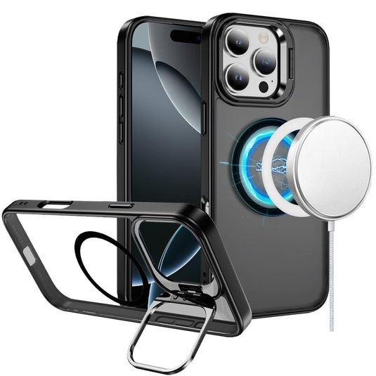 For iPhone 16 Pro Max 6.9 inch Fearless Tough HQ Metallic Hybrid with Camera Ring Stand [Magnetic Circle] Case - Black