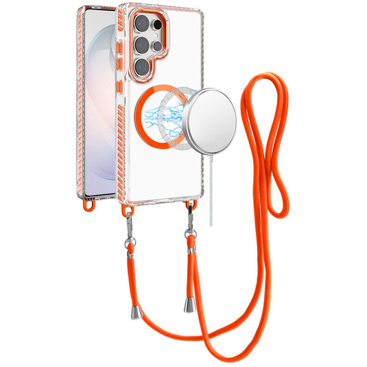 For Samsung s26 Ultra Transparent HQ Clear Line Design Edged Hybrid [Magnetic Circle] with Matching Lanyard - Cosmic Orange